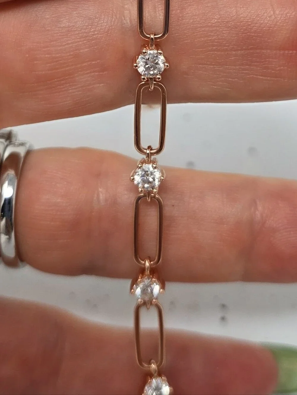 Sterling Silver/rose Gold Paperclip Tennus Braclet, 3 Ct. Moissinite